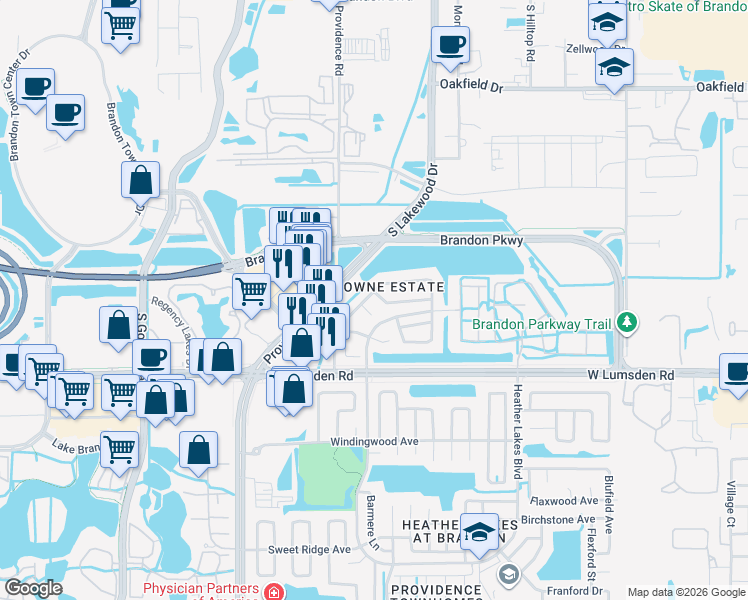 map of restaurants, bars, coffee shops, grocery stores, and more near 4125 Kensington Ridge Boulevard in Brandon
