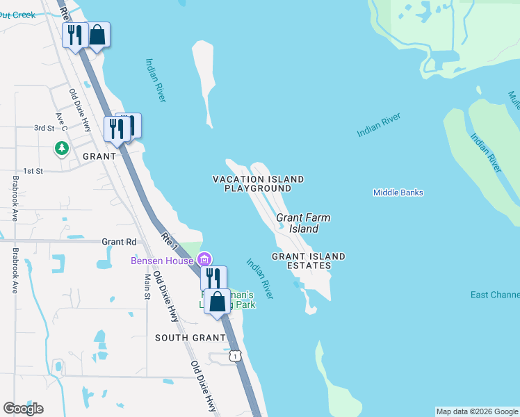 map of restaurants, bars, coffee shops, grocery stores, and more near 26 Vip Island in Grant-Valkaria