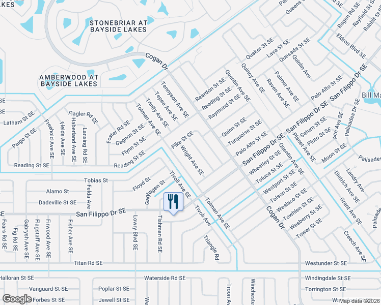 map of restaurants, bars, coffee shops, grocery stores, and more near 2751 Wright Avenue Southeast in Palm Bay