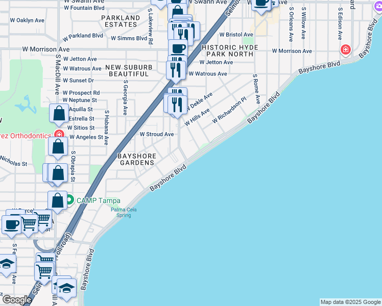 map of restaurants, bars, coffee shops, grocery stores, and more near in Tampa