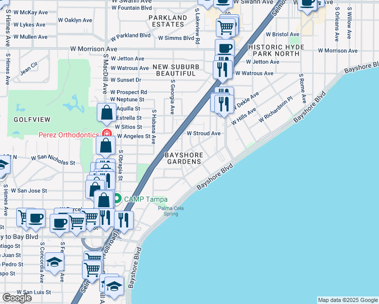 map of restaurants, bars, coffee shops, grocery stores, and more near in Tampa