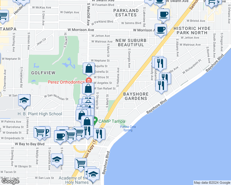 map of restaurants, bars, coffee shops, grocery stores, and more near 2805 West San Nicholas Street in Tampa