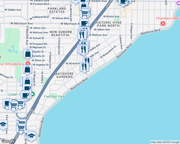 map of restaurants, bars, coffee shops, grocery stores, and more near 2103 Bayshore Boulevard in Tampa