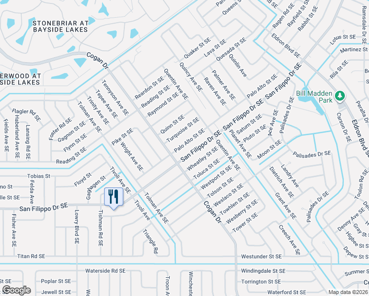 map of restaurants, bars, coffee shops, grocery stores, and more near 2410 San Filippo Drive Southeast in Palm Bay