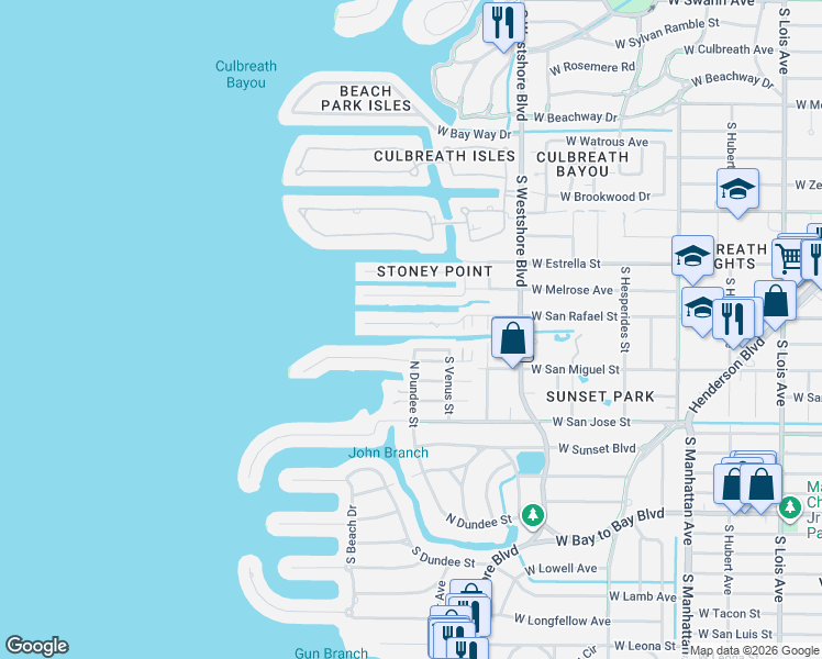 map of restaurants, bars, coffee shops, grocery stores, and more near 4928 West San Rafael Street in Tampa