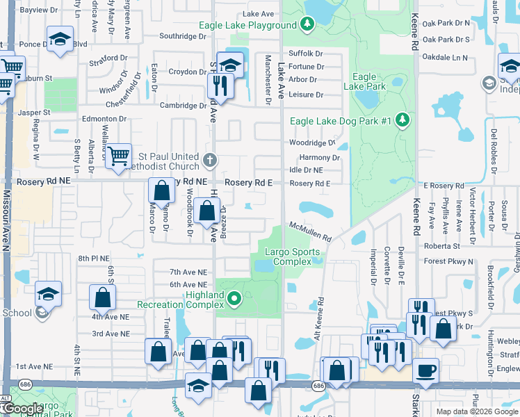 map of restaurants, bars, coffee shops, grocery stores, and more near 1325 Markley Drive in Largo