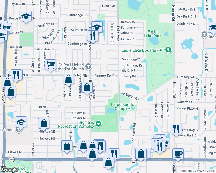 map of restaurants, bars, coffee shops, grocery stores, and more near 1237 Markley Drive in Largo