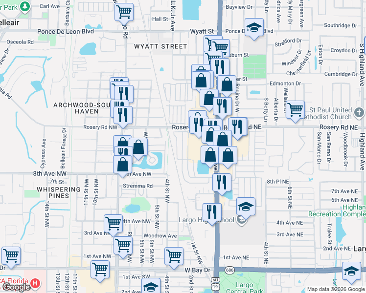 map of restaurants, bars, coffee shops, grocery stores, and more near 163 Cypress Lane West in Largo