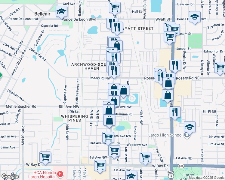 map of restaurants, bars, coffee shops, grocery stores, and more near 940 Clearwater Largo Road North in Largo