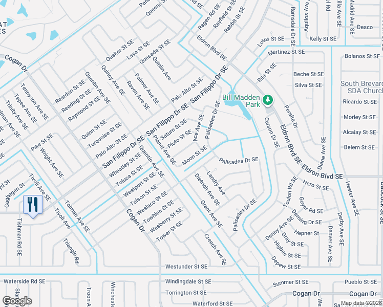 map of restaurants, bars, coffee shops, grocery stores, and more near 1159 Moon Street Southeast in Palm Bay