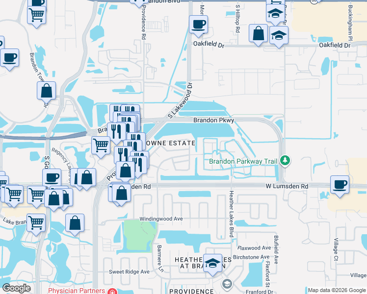 map of restaurants, bars, coffee shops, grocery stores, and more near 1705 Pastoral Way in Brandon