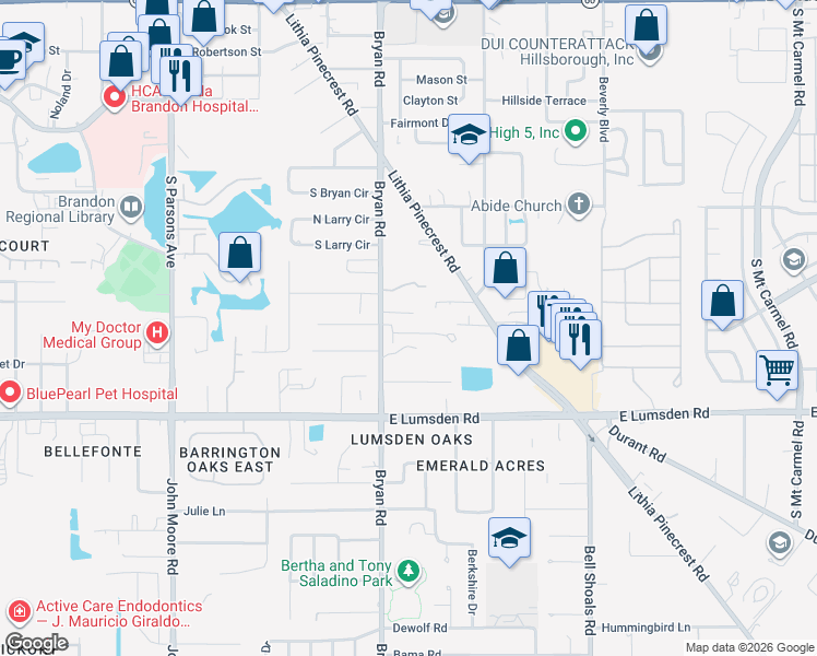 map of restaurants, bars, coffee shops, grocery stores, and more near 616 Silver Stream Court in Brandon