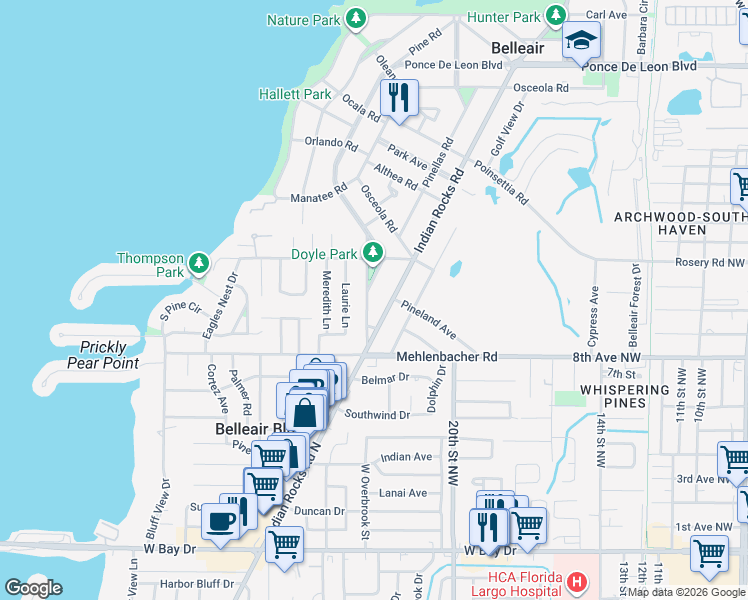 map of restaurants, bars, coffee shops, grocery stores, and more near 1709 Laurel Road in Belleair