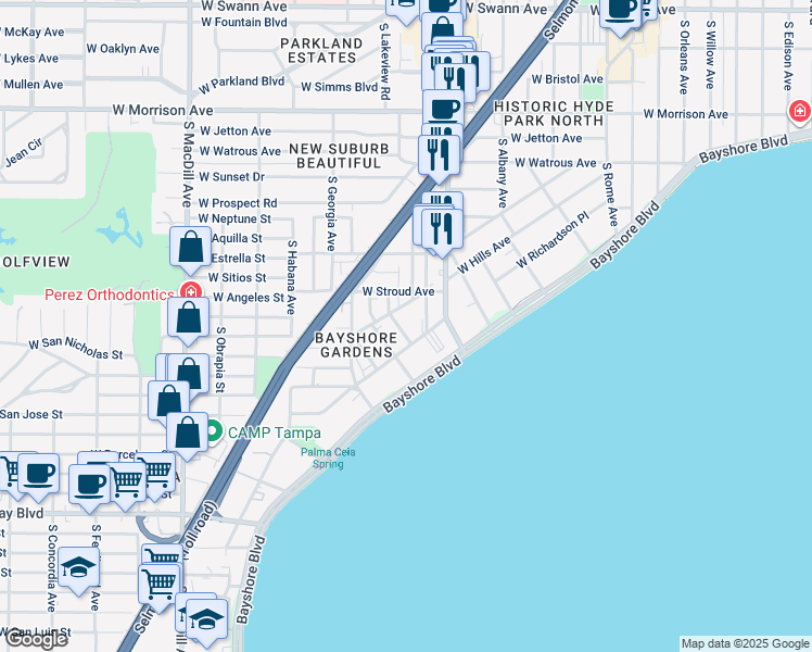 map of restaurants, bars, coffee shops, grocery stores, and more near 1406 Glen Avenue in Tampa