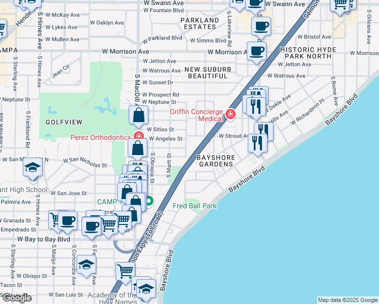 map of restaurants, bars, coffee shops, grocery stores, and more near 2802 West Angeles Street in Tampa