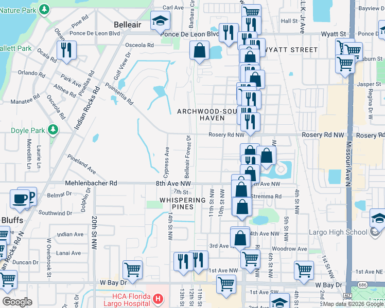 map of restaurants, bars, coffee shops, grocery stores, and more near 1713 Belleair Forest Drive in Belleair