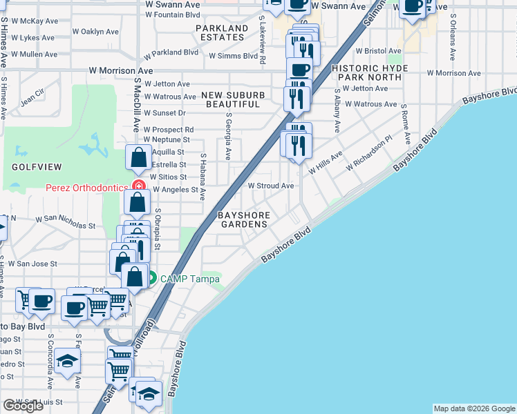 map of restaurants, bars, coffee shops, grocery stores, and more near 2324 West Texas Avenue in Tampa