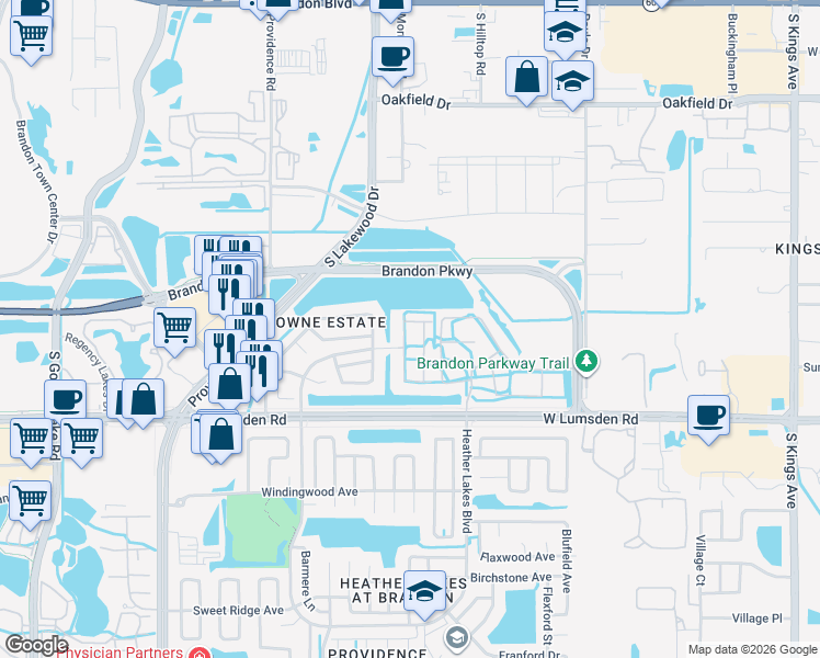 map of restaurants, bars, coffee shops, grocery stores, and more near 357 Kensington Lake Circle in Brandon