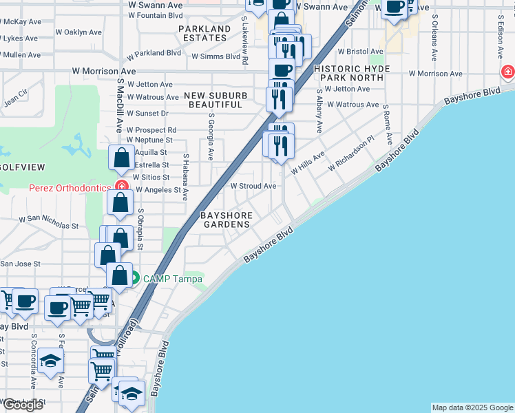 map of restaurants, bars, coffee shops, grocery stores, and more near 1406 Glen Avenue in Tampa