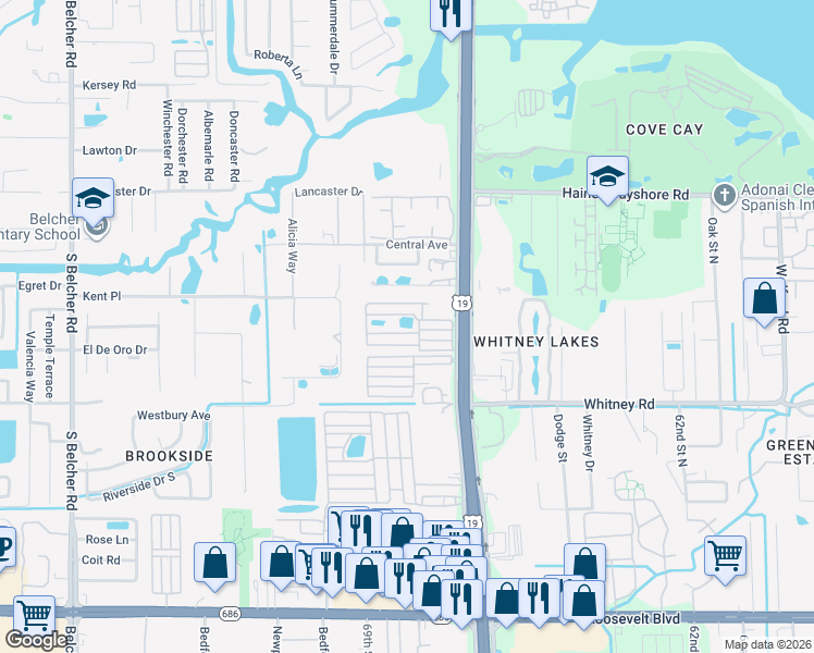 map of restaurants, bars, coffee shops, grocery stores, and more near 16940 US Highway 19 North in Clearwater