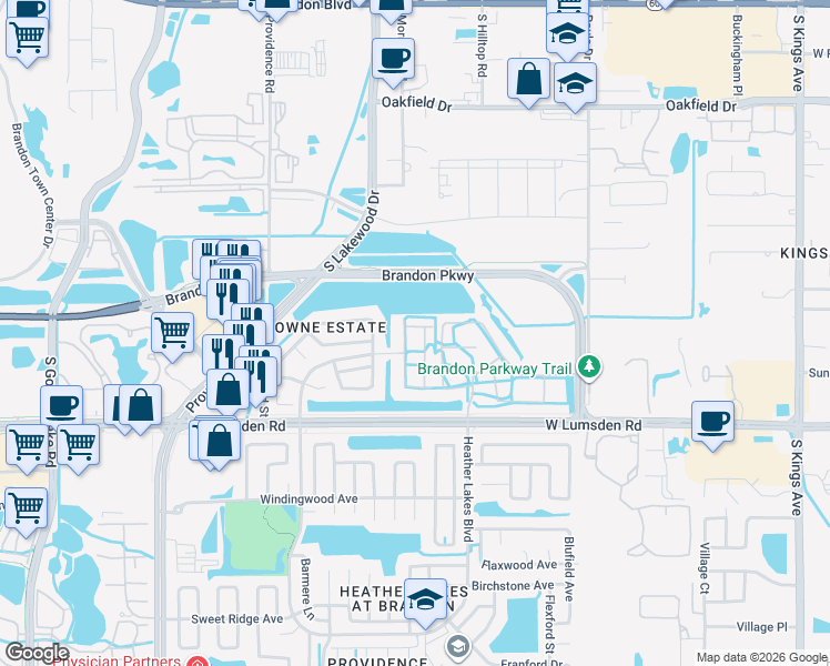 map of restaurants, bars, coffee shops, grocery stores, and more near 357 Kensington Lake Circle in Brandon