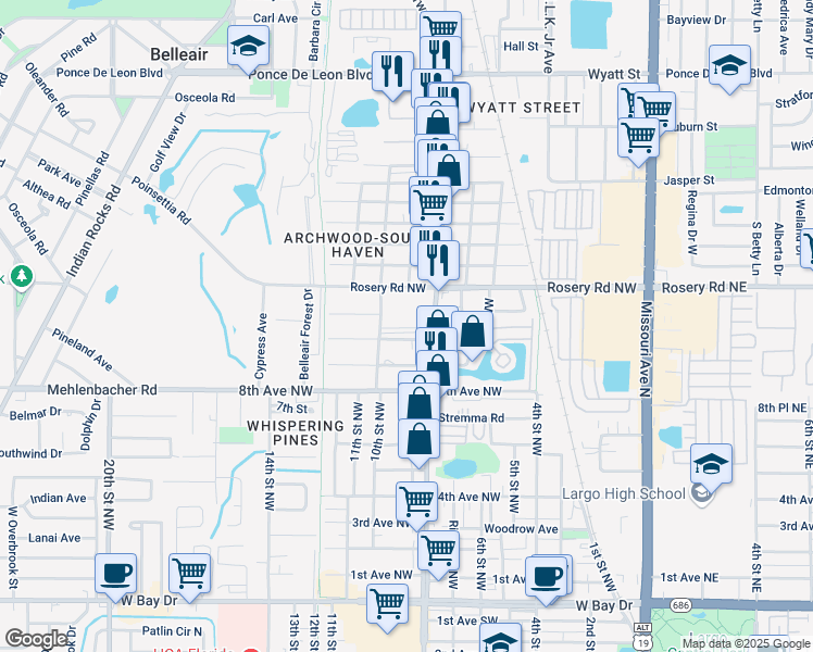 map of restaurants, bars, coffee shops, grocery stores, and more near 1025 Clearwater Largo Road North in Largo