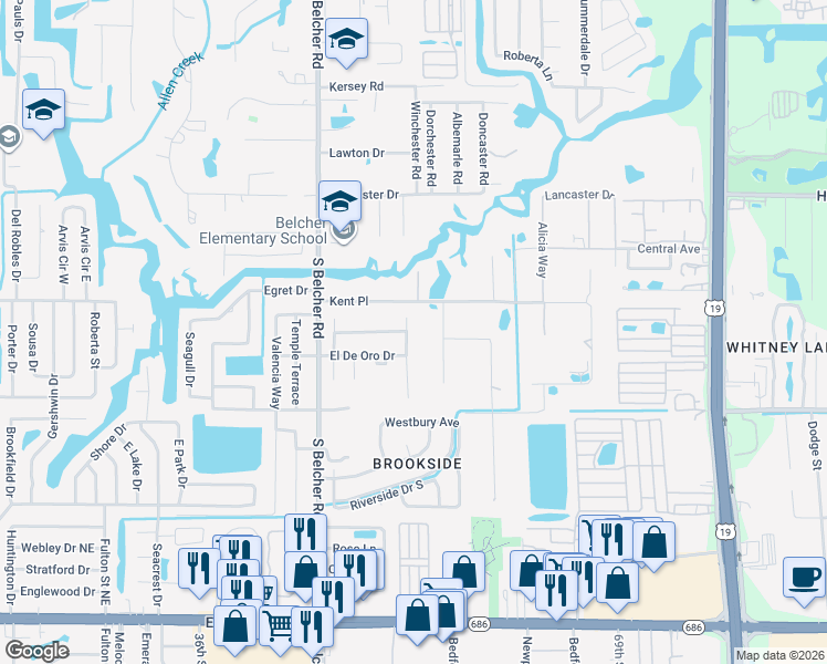 map of restaurants, bars, coffee shops, grocery stores, and more near 2227 Kent Place in Clearwater
