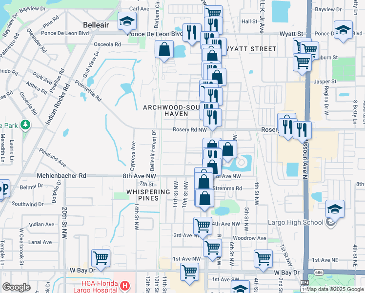 map of restaurants, bars, coffee shops, grocery stores, and more near 1065 10th Street Northwest in Largo