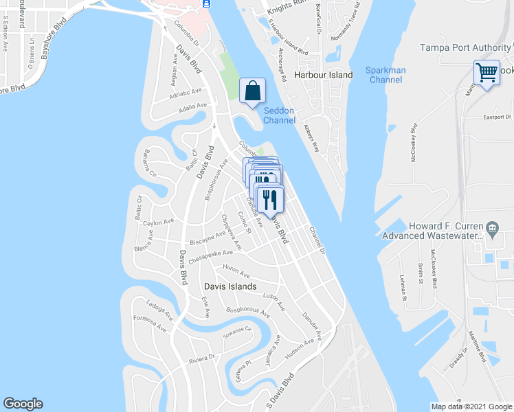 map of restaurants, bars, coffee shops, grocery stores, and more near 217 East Davis Boulevard in Tampa