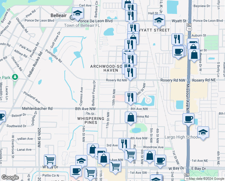 map of restaurants, bars, coffee shops, grocery stores, and more near 1065 10th Street Northwest in Largo