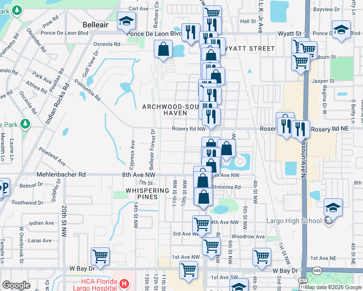 map of restaurants, bars, coffee shops, grocery stores, and more near 1065 10th Street Northwest in Largo