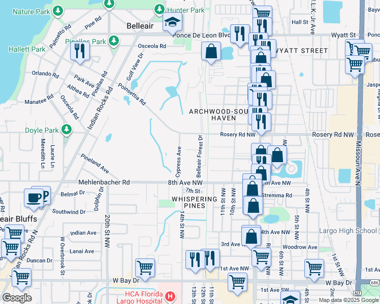 map of restaurants, bars, coffee shops, grocery stores, and more near 1713 Belleair Forest Drive in Belleair
