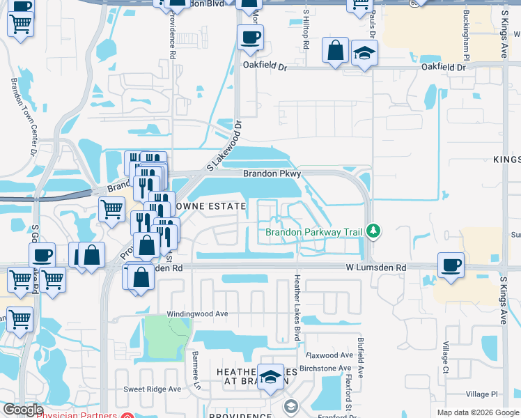 map of restaurants, bars, coffee shops, grocery stores, and more near 357 Kensington Lake Circle in Brandon