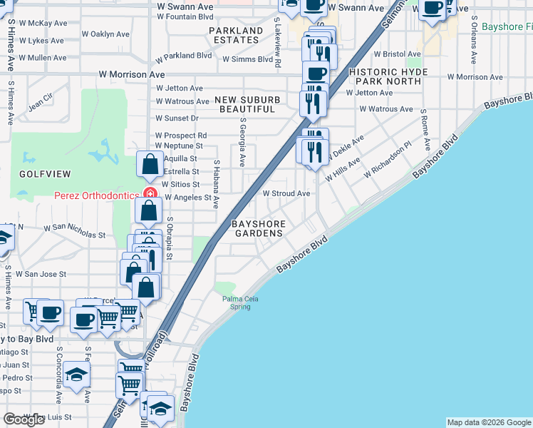 map of restaurants, bars, coffee shops, grocery stores, and more near 1407 South Lorenzo Avenue in Tampa