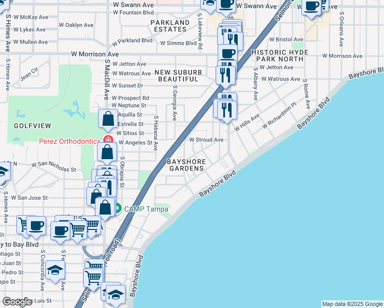 map of restaurants, bars, coffee shops, grocery stores, and more near 2405 West Texas Avenue in Tampa