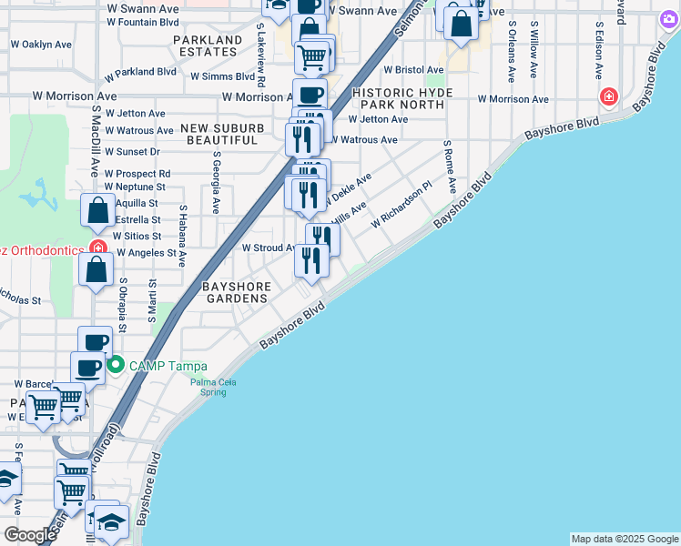 map of restaurants, bars, coffee shops, grocery stores, and more near 2103 Bayshore Boulevard in Tampa