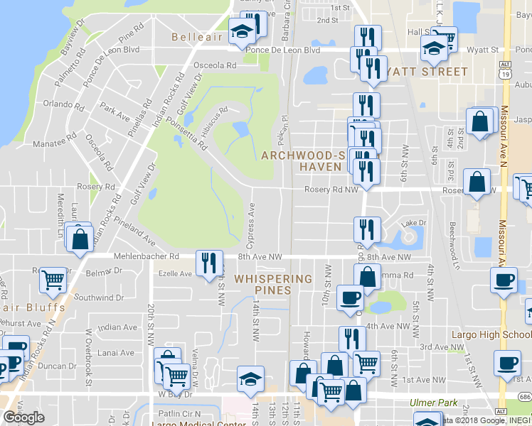 map of restaurants, bars, coffee shops, grocery stores, and more near 701 Poinsettia Road in Clearwater