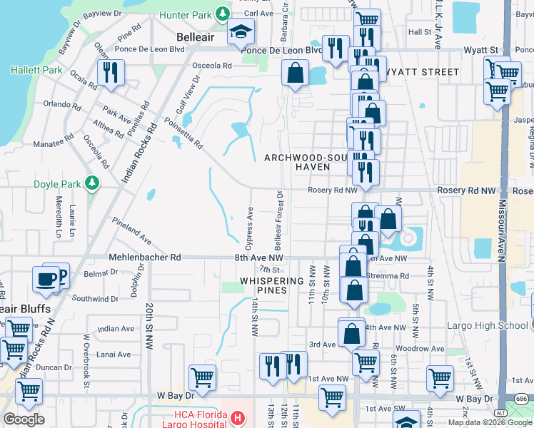 map of restaurants, bars, coffee shops, grocery stores, and more near 1706 Belleair Forest Drive in Belleair