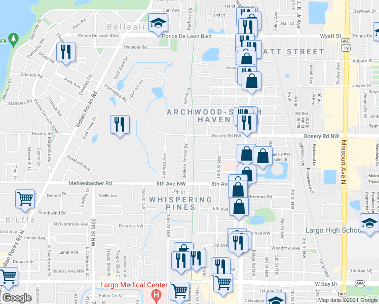 map of restaurants, bars, coffee shops, grocery stores, and more near 1730 Belleair Forest Drive in Belleair