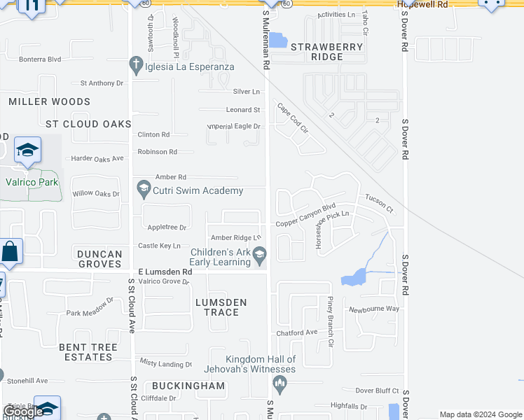 map of restaurants, bars, coffee shops, grocery stores, and more near 4207 Amber Ridge Lane in Valrico
