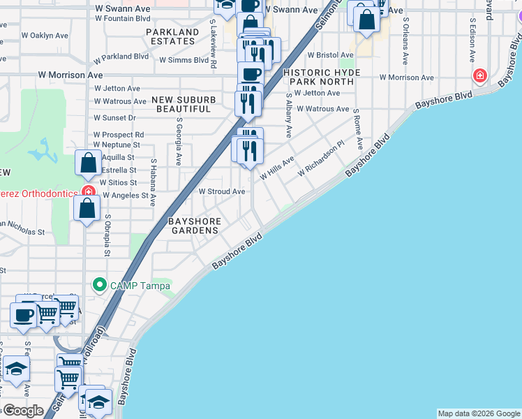 map of restaurants, bars, coffee shops, grocery stores, and more near 1505 South De Soto Avenue in Tampa