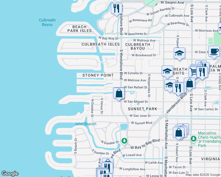 map of restaurants, bars, coffee shops, grocery stores, and more near 4811 West San Rafael Street in Tampa