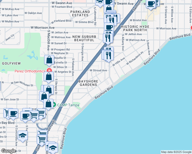 map of restaurants, bars, coffee shops, grocery stores, and more near 1501 South Bay Villa Place in Tampa