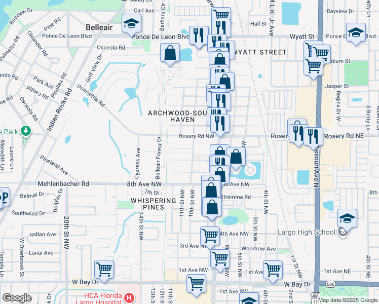 map of restaurants, bars, coffee shops, grocery stores, and more near 1065 10th Street Northwest in Largo