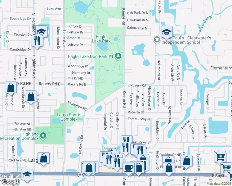 map of restaurants, bars, coffee shops, grocery stores, and more near 2288 McMullen Road in Largo