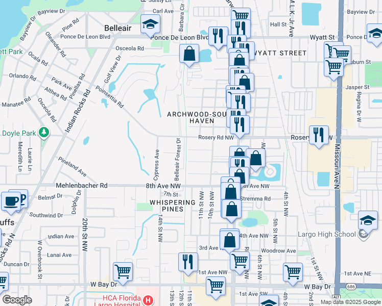 map of restaurants, bars, coffee shops, grocery stores, and more near 1107 Rosery Road Northwest in Largo