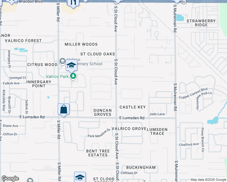 map of restaurants, bars, coffee shops, grocery stores, and more near 2702 Buckhorn Oaks Drive in Valrico