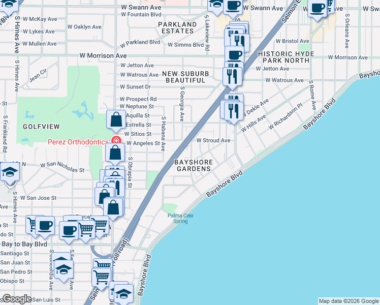 map of restaurants, bars, coffee shops, grocery stores, and more near 2021 South Carolina Avenue in Tampa