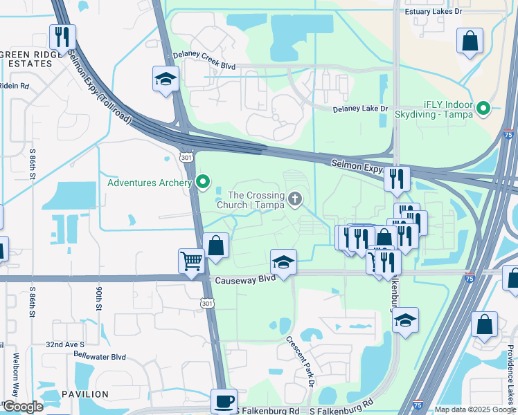 map of restaurants, bars, coffee shops, grocery stores, and more near 10106 Courtney Palms Boulevard in Tampa