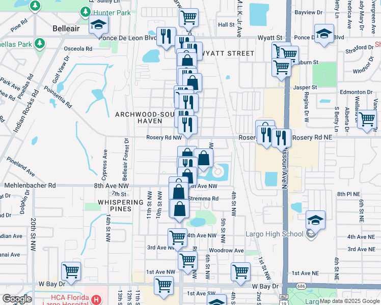 map of restaurants, bars, coffee shops, grocery stores, and more near 1100 Clearwater Largo Road North in Largo